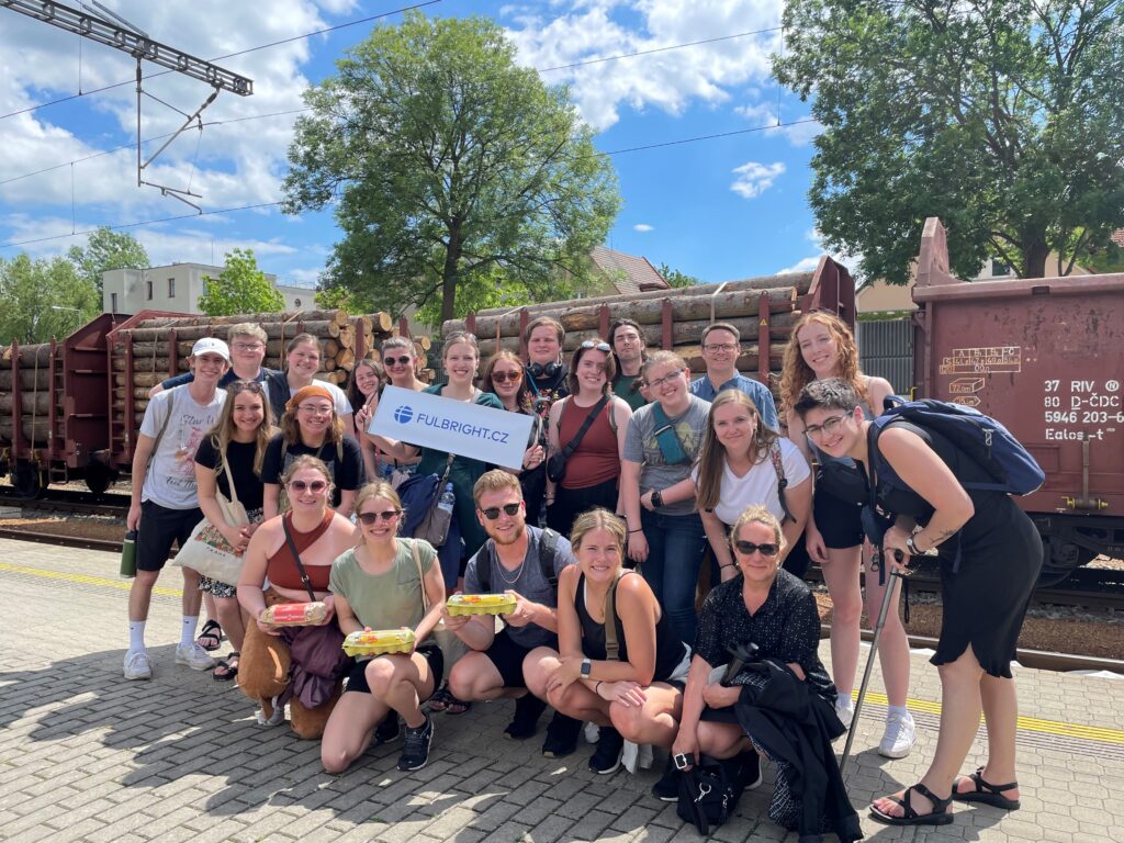 Photo of the 2022 CETS cohort, which was led through the Prague leg of their journey by Blugold grad and Fulbright scholar Megan Henning (holding sign), and her familiarity with the city proved to be a tremendous bonus. (Submitted photo)