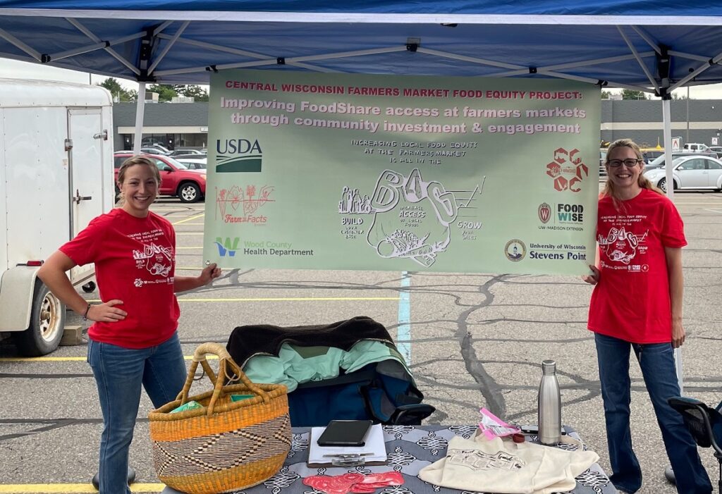 Photo of alumna Taylor Christiansen (left) and Alissa Lick, graduate assistant in the Sustainable and Resilient Food Systems program at UW-Stevens Point, who are at the Marshfield farm market, one of six where customers and vendors are being surveyed.