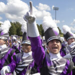 Photo of the UW-Whitewater Marching band debuting new, redesigned uniforms at the home opener football game at Perkins Stadium where the Warhawks defeated Mary Hardin-Baylor on Saturday, Sept.10, 2022. (UW-Whitewater photo/Craig Schreiner)