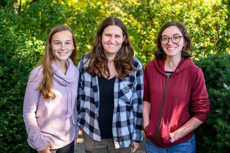Photo of (from left) graduate students Sara Pabich, Elizabeth Berg, and Becky Rose, who are collecting data for a new heat warning system that could help save lives. PHOTO: ALTHEA DOTZOUR