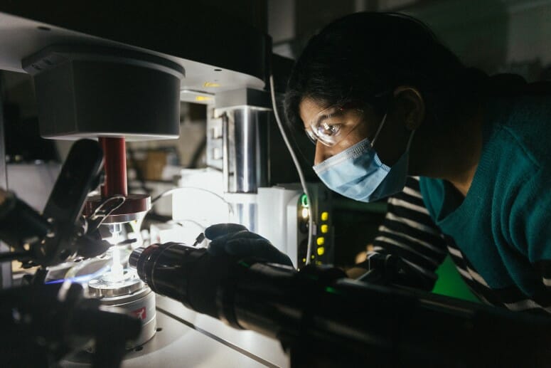 Photo of postdoctoral research associate Komal Chawla, who studies the architected vertically aligned carbon nanotube foam in the lab. JOEL HALLBERG
