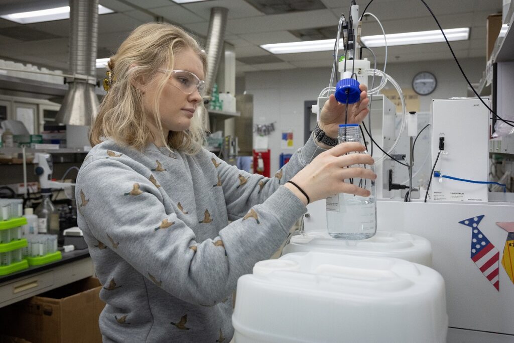 Photo of UWSP sophomore Lizzi Gizzi working on a project in the Water and Environmental Analysis Lab, where she has worked since her first year at UWSP.