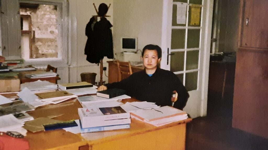 Photo of Professor Hurlee Gonchigdanzan studying in Budapest at the Hungarian Academy of Sciences, before coming to the U.S.