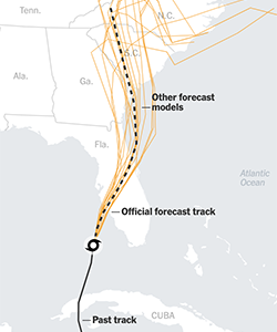 Screenshot of New York Times graphic: The New York Times used Evans’ data to create a graphic showing possible hurricane tracks. (Screenshot of New York Times graphic)