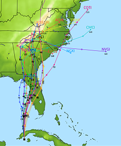 Closeup screenshot of Clark Evans’ storm database map at 1 a.m. Sept. 27, which showed the paths that Hurricane Ian could take. Ian made landfall Sept. 28 near Fort Myers, Florida.