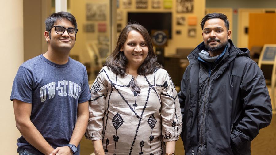 Photo of student recruiter Anagha Pednekar, center, meeting with two students from India, Vini Tapadiya, left, and Kiran Mane during her visit to UW-Stout. / UW-Stout