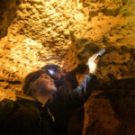 Photo of then-UW student Cameron Batchelor (left) and Richard Slaughter (right), director of the Geology Museum at the University of Wisconsin–Madison, studying cave walls while doing research at the Cave of the Mounds near Blue Mounds, Wisconsin. Batchelor led the analysis of mineral samples to identify a possible link between ice age warm-ups recorded in the Greenland ice sheet. PHOTO: BRYCE RICHTER