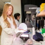 Photo of undergraduate researcher Grace Kreissler holding a clear 3D-printed skull that the researchers created to aid in their investigation of traumatic brain injuries. PHOTO BY JOEL HALLBERG