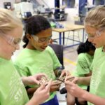 Photo of students in a summer camp looking over a project in UW-Stout’s Fab Lab. Middle school students from the Boys & Girls Club in Menomonie will take part in Tech Tuesdays this spring. / UW-Stout