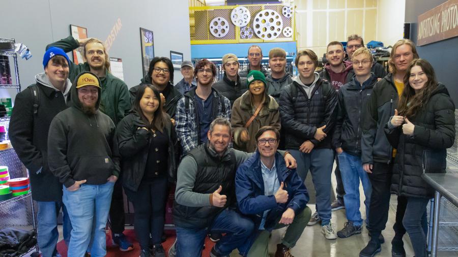 Photo of UW-Stout students, faculty and staff from the video production program gathering during their recent tour of Cinequipt in Minneapolis. / UW-Stout