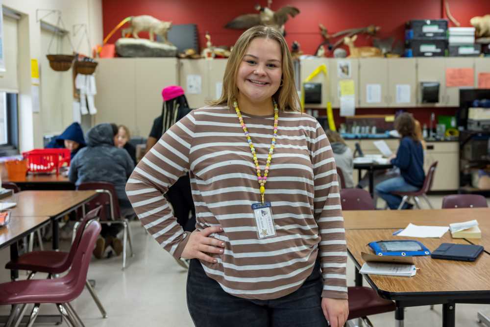 Photo of Emma Kleindl, a middle childhood-early adolescence major, who used the lessons she learned at UWL to better engage with students while student teaching at Lincoln Middle School in La Crosse.