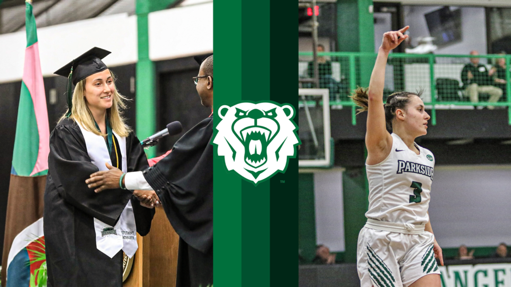 Photo of Lamija Coric, who was born in Bosnia and graduated from UW-Parkside on May 13. Coric brought a team-first mentality to the Ranger women’s basketball team and was one of eight students to be named an Outstanding Graduate. (Graduation photo by UW-Parkside and basketball photo by Parkside Strategic Communications)