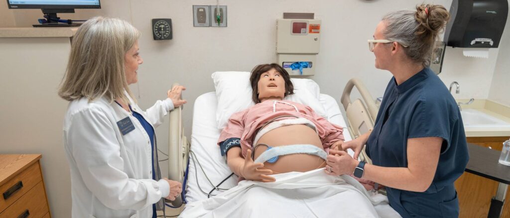 Photo of new UWEC nursing manikin. Utilizing funds from the Wisconsin Economic Development Corp. Innovation Grant, the UW-Eau Claire nursing program purchased Lucina, a new high-fidelity maternal and fetal training manikin.