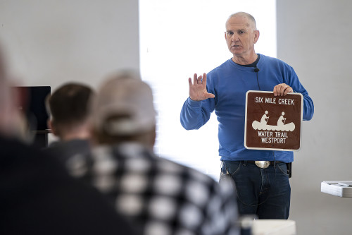 Photo of Steve Falter, founder of Capitol Water Trails, speaking to students and others at the Koshkonong Creek Watershed event. Photo: Bryce Richter