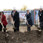 Photo of groundbreaking for UW-River Falls SciTech building: From left, UW-River Falls Chancellor Maria Gallo, Universities of Wisconsin President Jay Rothman, and River Falls business owners and UWRF alums Kristi and Jeff Cernohous participate in a groundbreaking ceremony Monday for the Science and Technology Innovation Center (SciTech) building under construction at the university. UWRF photo.