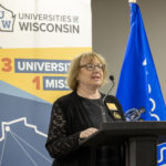 Photo of Kim Litwack, dean of UWM's College of Health Professions and Sciences, speaking at the Nov. 14 event introducing a new tool to help build Wisconsin's health care workforce. (UWM Photo/Troye Fox)