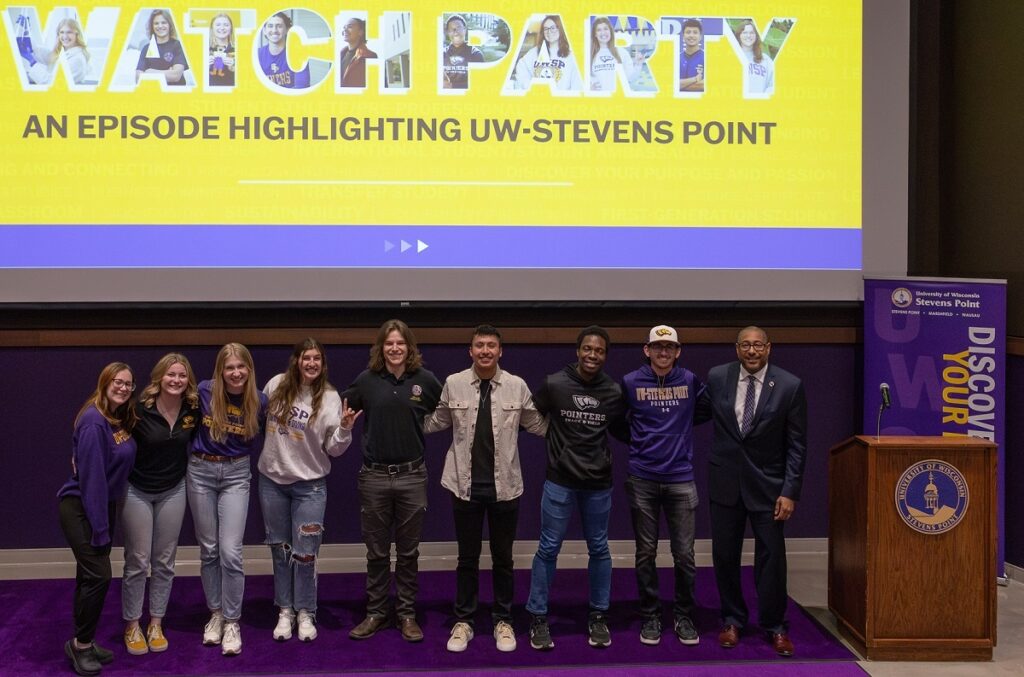 Photo of student cast members of UWSP’s episode of The College Tour who joined with Chancellor Gibson at a premiere held recently at the Dreyfus University Center Theater.