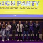 Photo of student cast members of UWSP’s episode of The College Tour who joined with Chancellor Gibson at a premiere held recently at the Dreyfus University Center Theater.