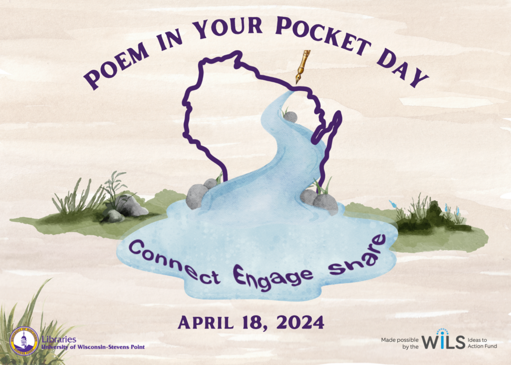 Graphic of UW-Stevens Point celebrating National Poetry Month by participating in Poem in Your Pocket Day on April 18.