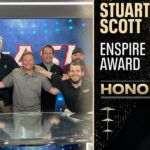 Photo of UWM alum Brice Christianson (center), honored with an ESPY for his work in making sports more accessible to the Deaf community. Flanking him are two of the first deaf broadcasters in live sports, Jason Altmann (left), COO of P-X-P, and Noah Blankenship. Behind them are (from left) Matt Celli, vice president of NHL Productions, Ray Jacobs, producer of NHL Productions, and Joshua Ayoub, ASL interpreter. (Photo illustration by ESPN Citizenship)