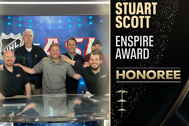 Photo of UWM alum Brice Christianson (center), honored with an ESPY for his work in making sports more accessible to the Deaf community. Flanking him are two of the first deaf broadcasters in live sports, Jason Altmann (left), COO of P-X-P, and Noah Blankenship. Behind them are (from left) Matt Celli, vice president of NHL Productions, Ray Jacobs, producer of NHL Productions, and Joshua Ayoub, ASL interpreter. (Photo illustration by ESPN Citizenship)