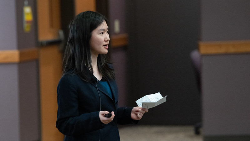 Photo of Chaewon Yoon, a UW-Oshkosh computer science major, pitching Curb Map for Culver pitch contest. The AI-powered map is designed to help people with mobility challenges. (Photo credit: UW-Oshkosh)