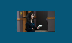 Photo of Chaewon Yoon, a UW-Oshkosh computer science major, pitching Curb Map for Culver pitch contest. The AI-powered map is designed to help people with mobility challenges. (Photo credit: UW-Oshkosh)