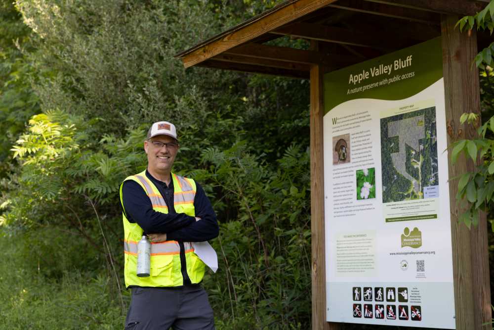 Photo of John Kelly, associate professor of geography and environmental science, volunteering as a conservation easement monitor with the Mississippi Valley Conservancy. His work not only helps protect the Driftless Region but also enriches his students’ education — bringing lessons to life far beyond the classroom. (Jen Towner, UWL)