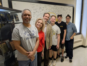 Photo: Pictured from left, Wendell Ray, UW-Oshkosh radio TV film instructor; Michelle Vetterkind, WBA president and CEO; Kyle Geissler, ‘01 WBA vice president; Jacob Link and Dylan Przybylski, UWO students; and Justine Stokes, RTF instructor and Titan TV general manager.