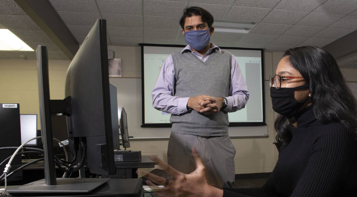 Photo of Avi Devy Mohan, who has had multiple research experiences as a Blugold after transferring to UW-Eau Claire from a university in Malaysia. A computer science and mathematics major, Mohan has worked alongside faculty research mentors from three academic areas on campus as well as with physicians at Mayo Clinic Health System. (Photo by Bill Hoepner)