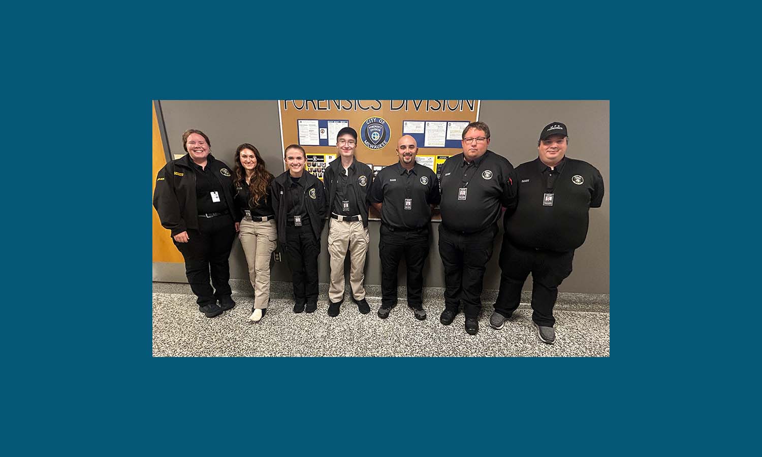 Photo of UW-Platteville graduates: Cassie Strandberg, Evelyn Marx, Whitney Miller, Dondi Stender, Devin Woida, Tyler Krueger and Jacob Brandt. “Each graduate brings their own unique skills, personality and approach to our team,” said Milwaukee Police Forensics Services Director Ryan Orlovsky.