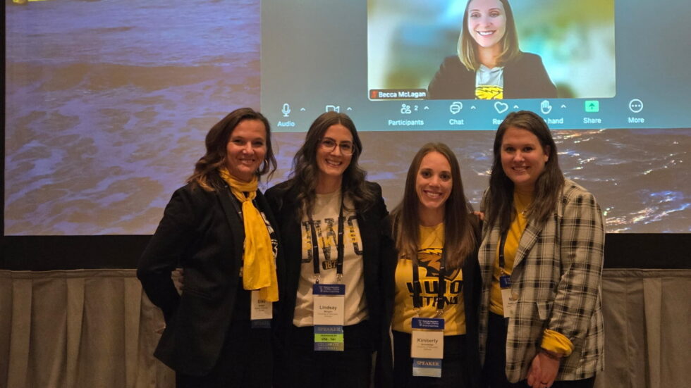 Photo: A team of nursing faculty from UW-Oshkosh present an artificial intelligence (AI) initiative at a recent national conference. Pictured from left are Erika Janssen, Lindsay Morgan, Kim Brundidge, Nahal Rahmanpanah and on screen, Becca McLagan.