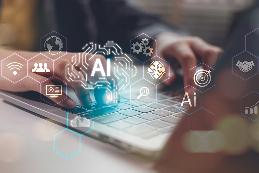 Photo of AI graphics superimposed over person's hands typing at keyboard