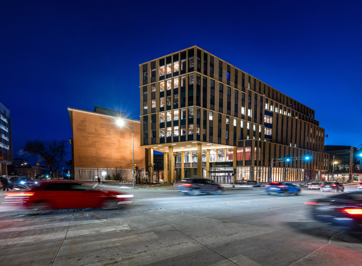 Photo: Cars pass by Morgridge Hall on the UW–Madison campus. The building is currently home to the School of Computer, Data & Information Sciences (CDIS), which will soon be reorganized into the College of Computing and Artificial Intelligence (CAI). Photo: Taylor Wolfram / UW–Madison