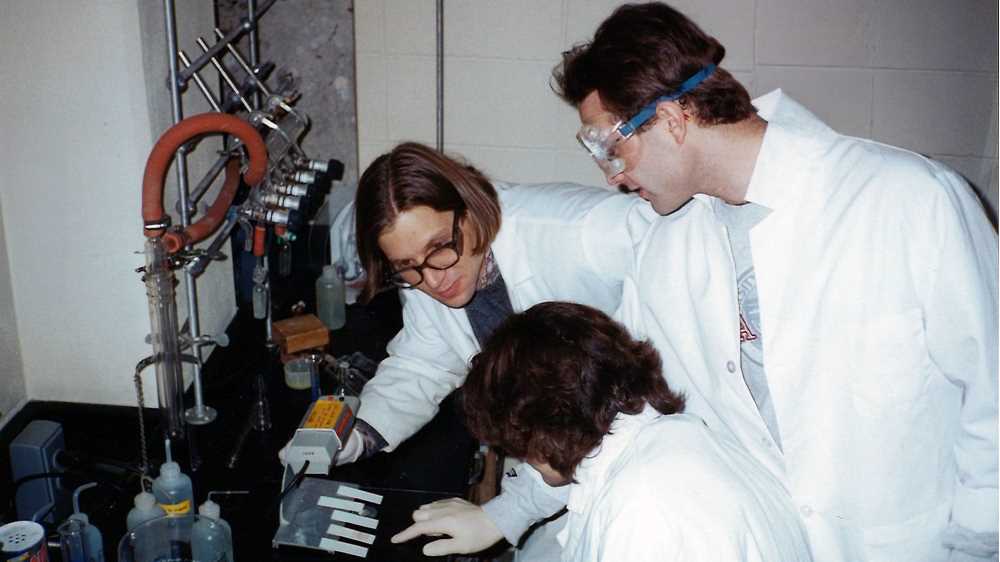Photo: Chemistry Professor Aaron Monte with students in the research lab in the late 1990s. Monte was part of the wave of new faculty on campus in the 1990s that believed in the value of undergraduate research.