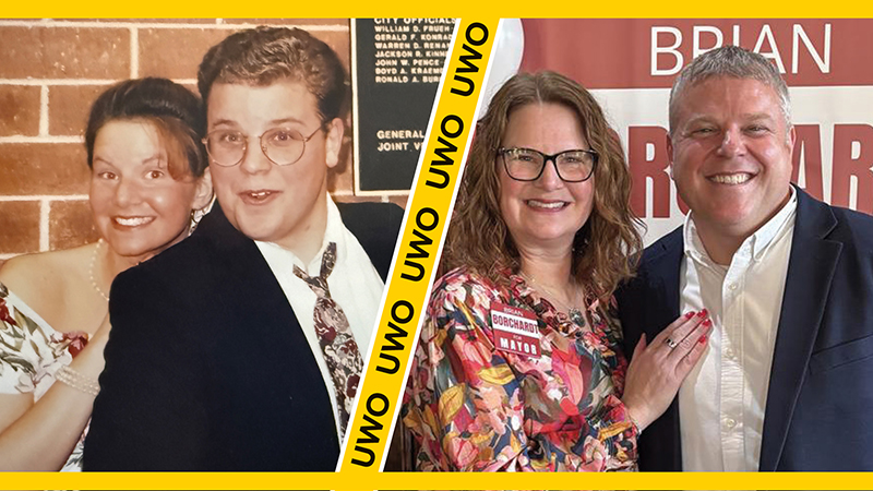 Photo: Brian Borchardt, a three-time UW-Oshkosh alumnus, celebrates his April 7 election as Neenah mayor with his wife, Lori (Zivkovich) Borchardt, left, a two-time UW-Oshkosh graduate. The couple first met as students at UW-Oshkosh, where Borchardt was a member of Delta Chi fraternity and Lori was part of Gamma Phi Beta sorority.