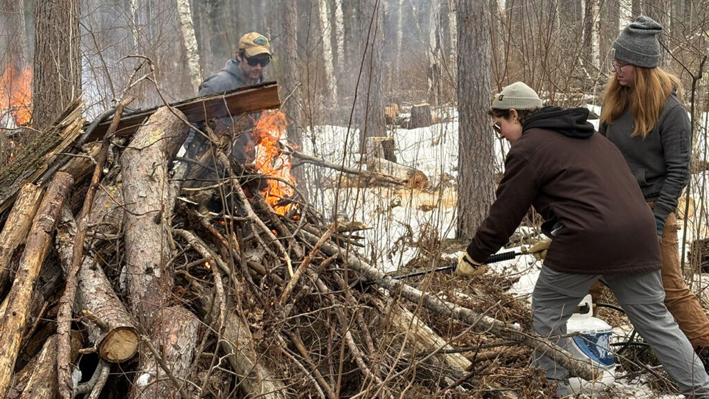 Photo of student assisting Cloquet Forestry Center staff with lighting a burn pile. (UW-Platteville)
