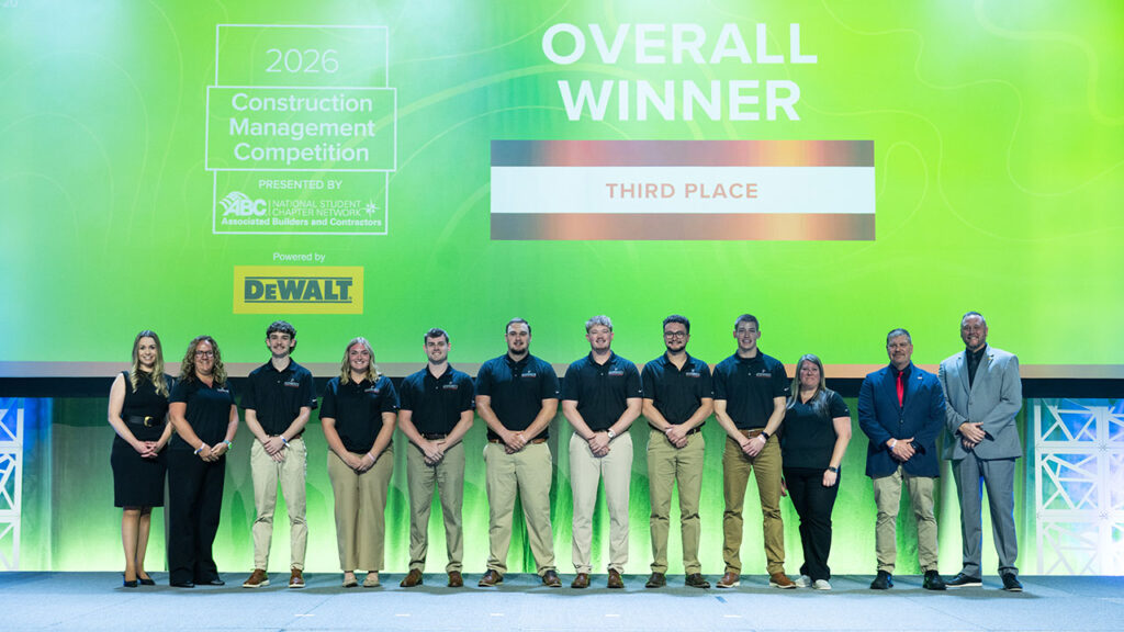Photo of the UW-Platteville team that won third place overall out of 30 teams at the national ABC Construction Management Competition.
