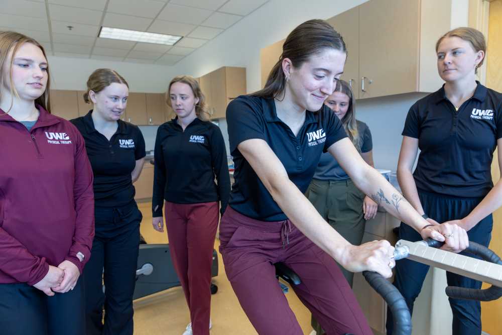 Photo: UW-La Crosse physical therapy students in the EMPOWER Lab in the Health Science Center, a lab focused on improving lifespan health through the intersection of pelvic health, physical activity and longevity.