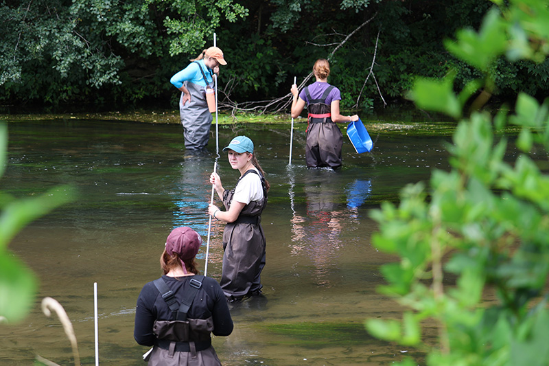 Photo: Participants in the 2026 Data Analysis and Monitoring Crew (DAM Crew) gather ecological data in the Kinnickinnic River in River Falls. Five UW-River Falls students, one UW-Milwaukee student and two UWRF student interns participated in the fifth year of the program July 20-31, supported by funding from the Freshwater Collaborative of Wisconsin. Photo courtesy of the City of River Falls.
