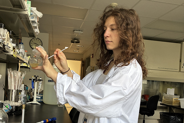 Photo: Ally Ruffino worked on research involving bacteriophage, a virus type that infects and replicates inside bacteria, in the lab of Alita Burmeister, assistant professor of biological sciences. (Photo courtesy of Ally Ruffino)