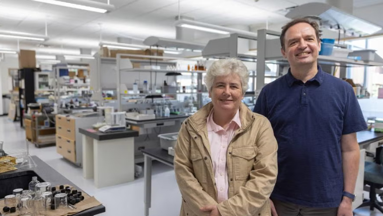 Photo: UW-Stout Polytechnic Professors Jennifer Grant, left, and Dmitry Kadnikov successfully applied for and received a patent.