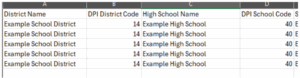 A screenshot of an example spreadsheet showing the columns for DPI District and School codes.