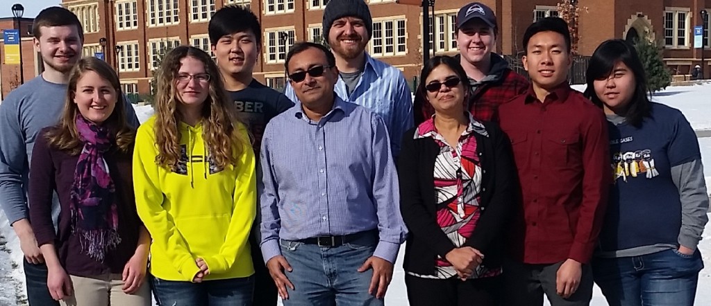 Pictured is the Hati/Bhattacharyay research group: (Front, from left) Lauren Adams, Clorice Reinhardt, Dr. Sudeep Bhattacharyay, Dr. Sanchita Hati, An Nam Hodac, Tiffany Huynh (Back, from left) Matthew Mocol, Huakun Hu, Ryan Adams, Sam Becker