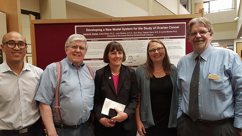 Tim Lyden (far right) , director of the UW-River Falls Tissue and Cellular Innovation Center, with team members who co-presented cutting-edge cancer research at the first White House–sponsored national Cancer Moonshot Summit regional event at the University of Minnesota-Duluth Medical School on June 29. Also pictured (from left): EuHan Lee, Ph.D.; BRTI staff scientist John Brekke, DDS.; BRTI Founder and Inventor of "Cell-Mate" matrix; Lynne Bemis, Ph.D., chair of UMD Biomedical Sciences and BRTI collaborator; and Aubie Shaw, Ph.D., BRTI consultant and collaborator.