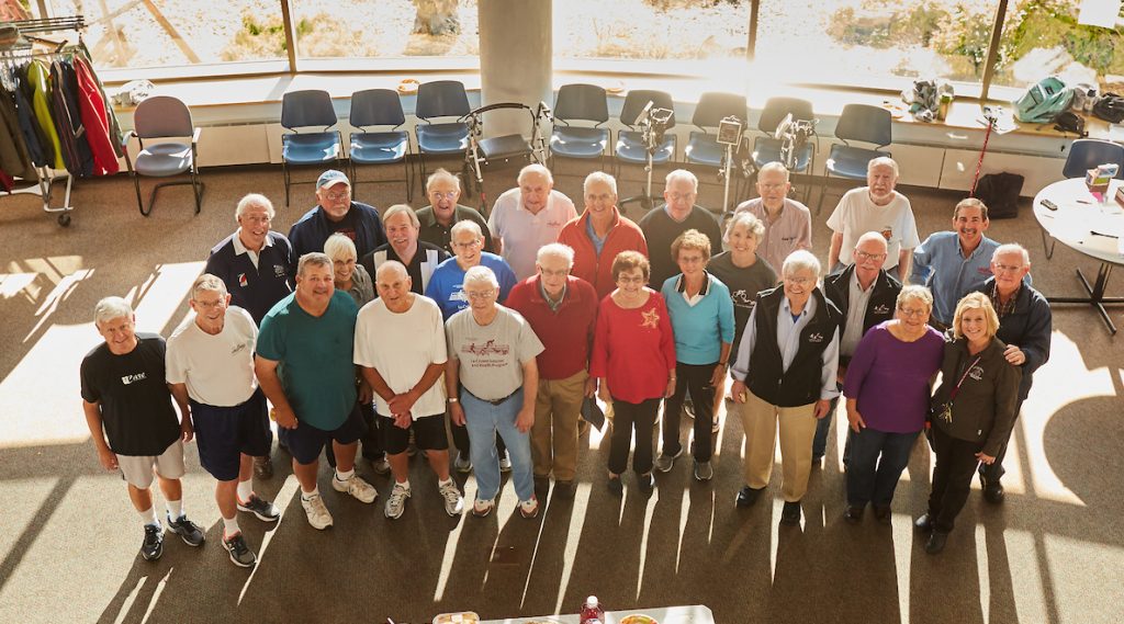 Long-term participants in the La Crosse Exercise and Health Program during an open house celebrating the program’s 45 years at UW-La Crosse. Kim Radtke, program director, is pictured at bottom right. John Porcari, the previous program director, is in the back row, far right.