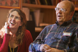 Anne Basting monitors acting students presenting stories to senior citizens.at Luther Manor, as part of the Penelope Project. (UWM Photo/Alan Magayne-Roshak)