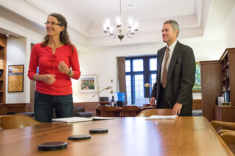 Ann Basting meets with UWM Chancellor Mark Mone after the announcement that she had been named a MacArthur Fellow. (UWM Photo/Troye Fox)