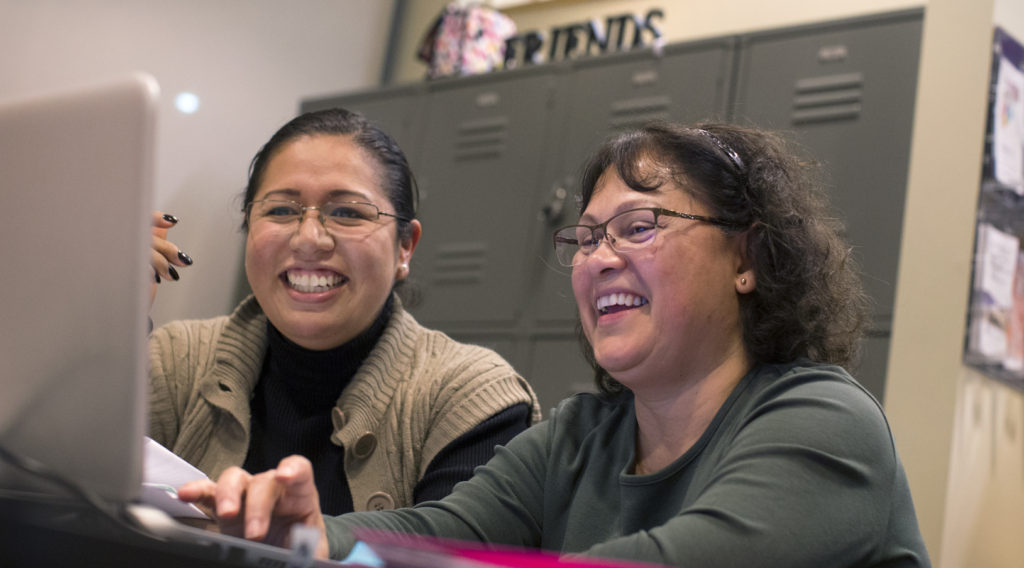 UW-Whitewater students Rocio Aburto, left, and Adelaida Sisk work together in the "Non-Trad Pad" for nontraditional students in the University Center on Wednesday, Nov. 16, 2016.