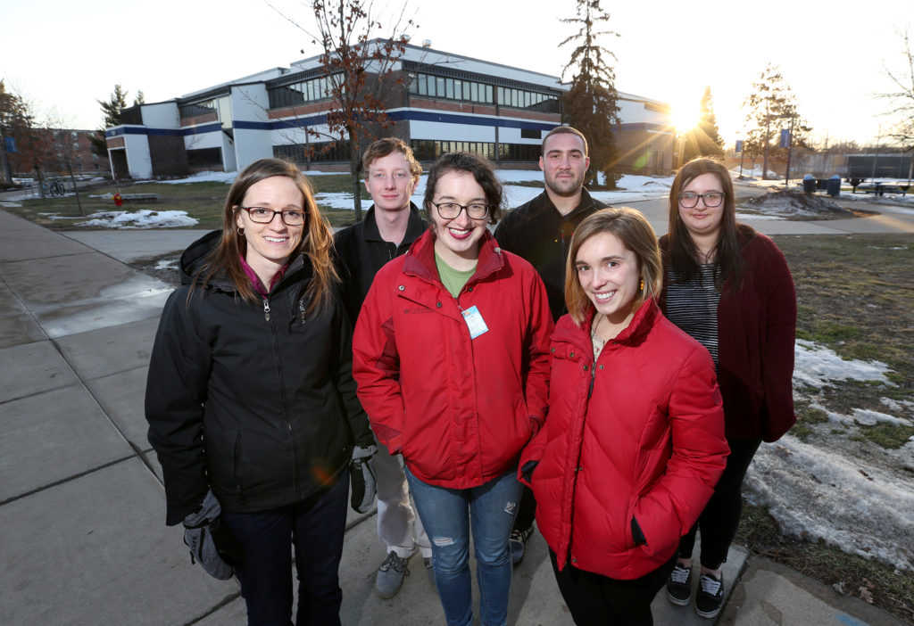 Future installation of 36 solar panels on the rooftop of a UW-Stout building began with approval of a Stout Student Association Sustainability Council recommendation. Shown in front of Merle M. Price Commons, where the panels will be installed, are: front row, left to right, council adviser Sarah Rykal, council members Laura Donovan and Kennedy Crever; back row, council members Ben Ritter, Jared Allen and Maggie Thesing. 